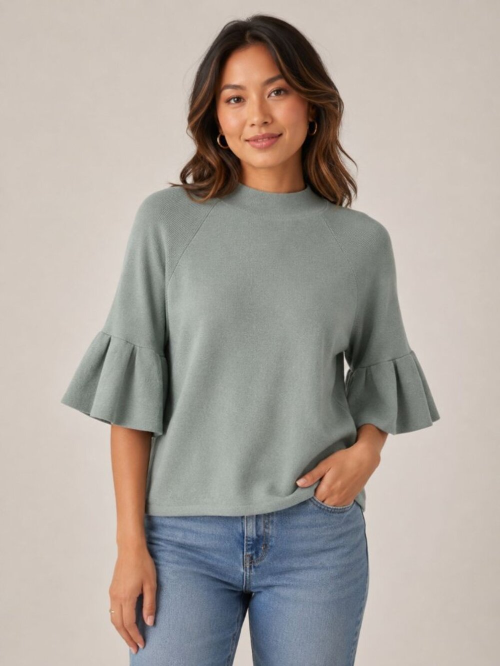 Anthropologie Green Ruffle-Sleeve Crewneck Sweater